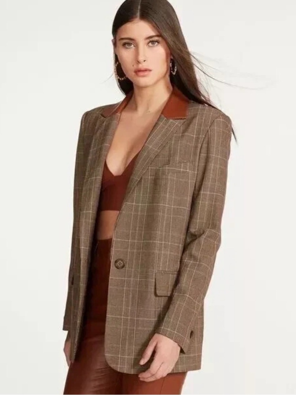 NWT Steve Madden Audrey Oversized Boyfriend Plaid Blazer Chicory Coffee Large